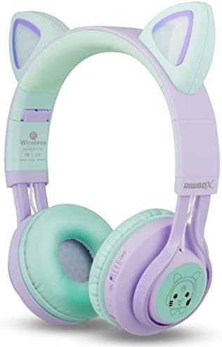 Riwbox CT-7 S Cat Ear Bluetooth Headphones for Kids – Fun LED Light Design with Safe 85 d B Volume Limiting, Comfortable Over-Ear Fit, Built-in Microphone for Seamless Video Calls and Gaming, Perfectly Compatible with Laptops, PCs, and TVs for Young Audiophiles Seeking Engaging Audio Adventures