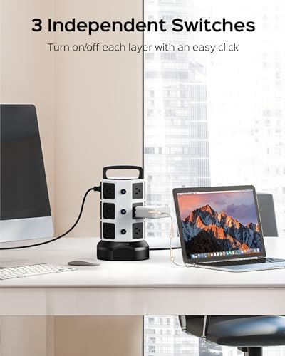 JACKYLED Power Strip Tower Surge Protector with 12 Outlets and 6 USB Ports (2 USB-C) – High-Speed Charging Station with 1050 Joules Protection, 1625 Watts, 6.5 ft Extension Cord for Enhanced Home Office Efficiency and Device Safety