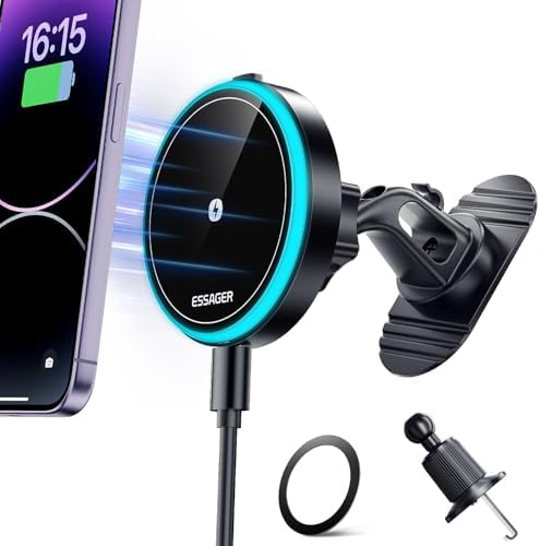 ESSAGER Mag Safe 15 W Fast Wireless Car Charger & Phone Holder – Effortless Magnetic Mount for i Phone 12 to 16 Pro Max, Air Vent & Dashboard Compatibility, Secure & Safe Charging for On-the-Go Convenience