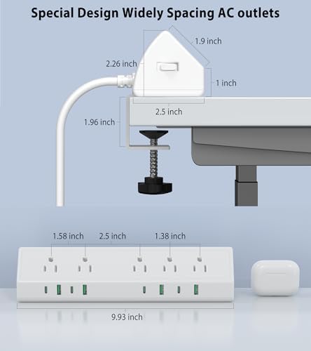 Maximize Efficiency with the 45 W Desk Clamp Charging Station – 4 PD USB-C Ports & 5 AC Outlets, ETL Listed Surge Protector for Ultimate Device Protection, 14 AWG Heavy-Duty Cord, Secure Fit for 1.9″ Tabletops (Black, 6 FT Cable) – Your All-in-One Power Solution for Home and Office