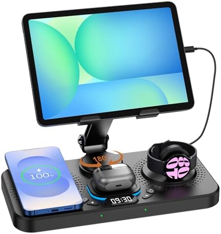 30 W Magnetic Wireless Charging Station with 12-Hour Clock & 7 Color Ambient Light for Samsung Devices – Fast Charging Hub for Galaxy Tab, Galaxy S25 Ultra, Samsung Watch 7, and Galaxy Buds3 Pro – Portable, Foldable Design with Adjustable Tablet Stand for Travel – Comprehensive Safety Features for Optimal Performance