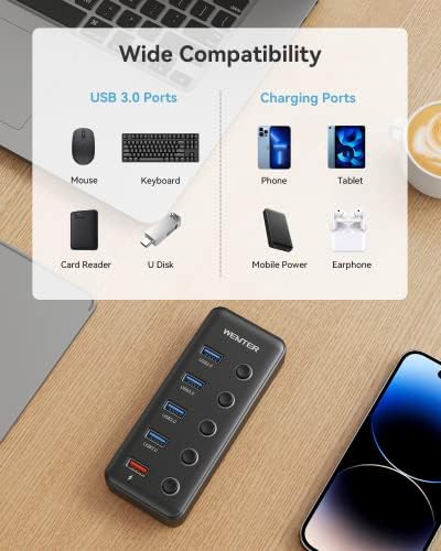 Revolutionize Your Workspace with Wenter 5-Port USB 3.0 Hub – High-Speed Data Transfer & Smart Charging Technology for PC and MAC, Featuring Individual LED Switches and 15 W Power Supply for Ultimate Control and Efficiency