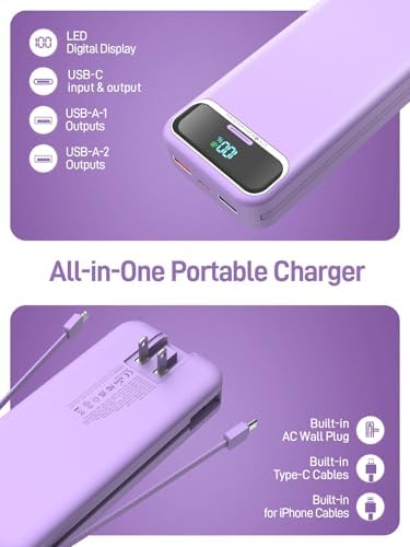 Ultimate 20,000 m Ah Portable Charger with Built-in Cables & AC Plug – Super Fast PD20 W & SCP22.5 W USB-C Power Bank for Quick Device Charging – LED Display & Universal Compatibility for i Phone, Samsung & More – Essential Travel Accessory for On-the-Go Power Solutions