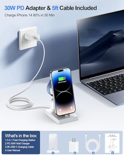 30 W Ultra-Fast 3-in-1 Charging Station for Apple Devices – ADADPU Multi-Device Charger Dock for i Phone 14/13/12/11 Pro, Apple Watch Series 8/7/6/5/4/3/2/SE & Air Pods – Sleek, Space-Saving Design with Advanced Safety Features for Efficient Power Management