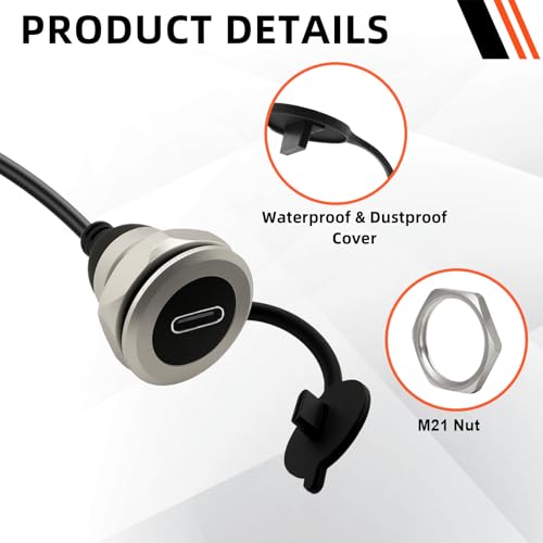 High-Speed USB C 3.0 Panel Mount Extension Cable – Durable Al Shell, Waterproof Threaded Connector, Type-C Male to Female, 5 Gbps Data Transfer, 5 V/2 A Power Delivery, 30 cm (11.8 in) – Ideal for Workstations, Vehicles, and Home Entertainment Systems