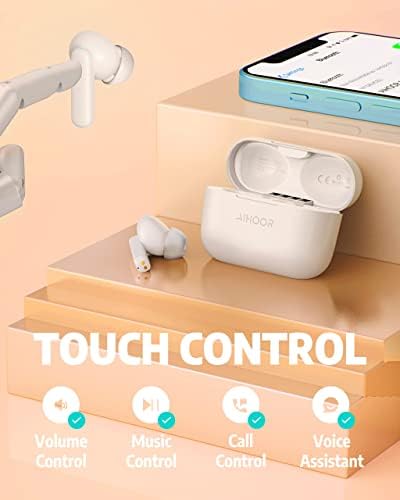 AIHOOR Bluetooth 5.3 Wireless Earbuds – Ultimate 30-Hour Battery Life with Extra Bass, Touch Control, and Built-in Mic for Sports and Music Lovers – High Gloss White Design for Stylish Audio Freedom