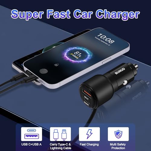 BUNUD 66 W USB C Car Charger with Retractable Cable: Dual Port PD & QC3.0 Adapter for Rapid Charging – Ideal for i Phone 16/15, Galaxy S24/S23, and All USB-C Devices – Perfect for Road Trips and Daily Commuting – Compact Design for Easy Storage and Enhanced Compatibility