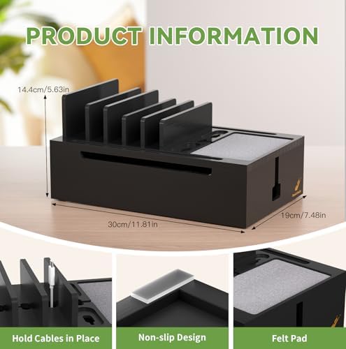 Pezin & Hulin Eco-Friendly Bamboo Charging Station – 10-Port USB Dock Organizer with 6 Cables, Enhanced Power Supply & Cable Management for Multi-Device Charging, Sleek Natural and Black Design for Homes and Offices