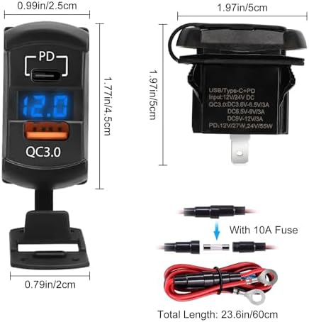 Linkstyle Dual USB Rocker Switch Charger – 36 W Quick Charge USB-A & 55 W Power Delivery USB-C Socket with LED Voltmeter for Car and Boat – Optimal Fast Charging for All Devices with Enhanced Durability and Real-Time Battery Monitoring