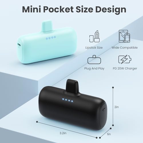 Ultra-Compact 2-Pack i Phone Power Bank – 5200 m Ah PD Fast Charging Mini Portable Charger for Travel – Cordless, Lightweight Battery Pack Compatible with i Phone 14/14 Pro/13/12/11/X/8/7/6 Plus – Essential Charging Solution for On-the-Go Lifestyles