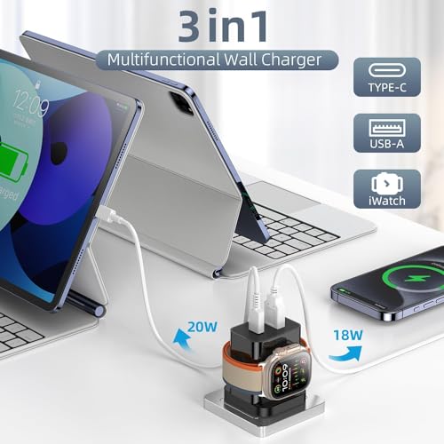 20 W PD 3-in-1 Fast Charger for Apple Watch, i Phone & Air Pods – Magnetic Wireless Charging Station with Dual USB Ports – Compact USB-C Wall Charger for Ultimate Portability and Enhanced Device Compatibility