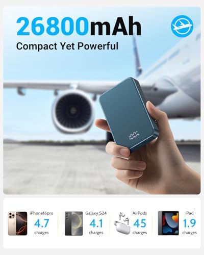 26800 m Ah Magnetic Power Bank – Premium Aluminum Alloy Portable Charger with 20 W USB-C Fast Charging for i Phone 12-16 Series, Sleek Silvery Gray, Effortless Wireless Charging for On-the-Go Power Solutions