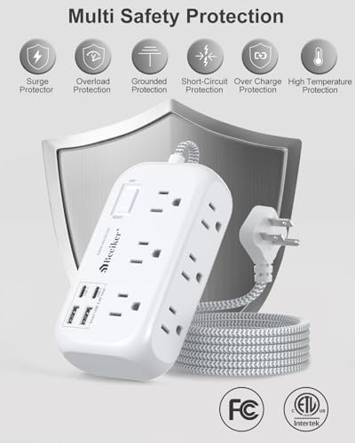 15 Ft USB Surge Protector Power Strip with 4 Fast-Charging Ports – Versatile 6-Outlet Desk Charging Station, Flat Plug & Wall Mount Design for Home Office, Dorm Room – Enhanced Durability & Convenience