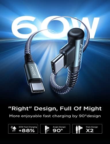 Revolutionize Your Charging with AINOPE 60 W USB C Cable 2-Pack – 10 ft Durable Nylon Braided Right Angle Type C Charger for i Phone 16 Pro Max, Samsung S24, and i Pad Pro – Fast Charging, Enhanced Compatibility, and Long-Lasting Performance