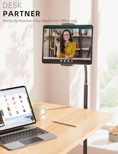 Adjustable Gooseneck Tablet Stand for i Pad and Cell Phones – Metal Floor Holder with Enhanced Flexibility and Stability for Ultimate Hands-Free Experience – Compatible with 4.7” to 13” Devices for Comfortable Viewing Anytime, Anywhere