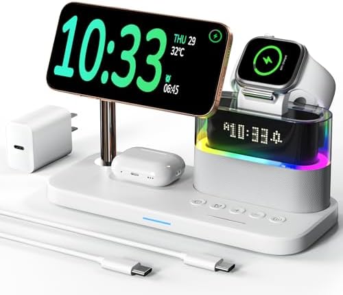 Qi2 Certified 15 W 5-in-1 Mag-Safe Wireless Charging Station with Alarm Clock & Night Light – Stylish Pink Dock for i Phone 16/15/14/13/12 Pro Max, Apple Watch & Air Pods – Fast Charging & Clutter-Free Convenience