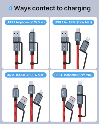 SOOPII 100 W 6.6 FT 4-in-1 Multi-USB C Charging Cable – Fast Charging Solution with USB-C, USB-A, and Lightning Connectors – Durable Nylon Braided Design for Phones, Tablets, and Laptops – Ultimate Versatility for Home and Travel