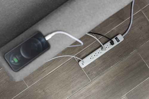 GE 6-Outlet Power Strip with Dual USB Ports – Fast Charging USB-A & USB-C, 4 ft Durable Braided Cord, Wall Mountable Design, Circuit Breaker for Enhanced Safety, ETL Certified, Versatile White Power Solution for Home and Office