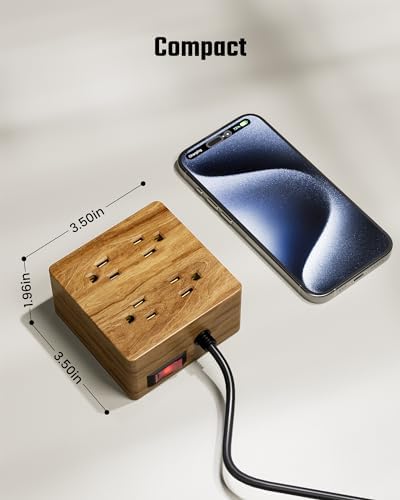 SUPERDANNY Portable USB Power Strip Surge Protector – Premium Desktop Extension Cord with 4 Spacious Outlets & 4 Advanced Smart USB Charging Ports for Home, Office, Hotel, Dorm, and RV Use – Elegant Faux Walnut Finish for Enhanced Aesthetics and Device Safety
