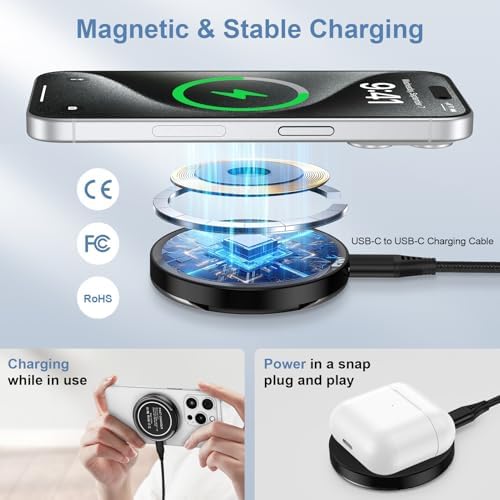 Fast Charging Magnetic Wireless Charger Pad for Samsung Galaxy & i Phone – Dual Pack 15 W High-Speed Charging Station with USB-C Cable, Compatible with Google Pixel & Motorola Devices – Compact, Anti-Slip Design for Home, Office, and Travel