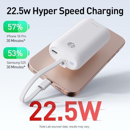 i WALK Ultra-Slim 10,000 m Ah Power Bank with Built-In Cable – Lightning-Fast 22.5 W USB-C Charging for i Phone 16/16 Pro/15, Samsung & Google – Travel-Friendly Pink Mini Portable Charger for On-the-Go Connectivity