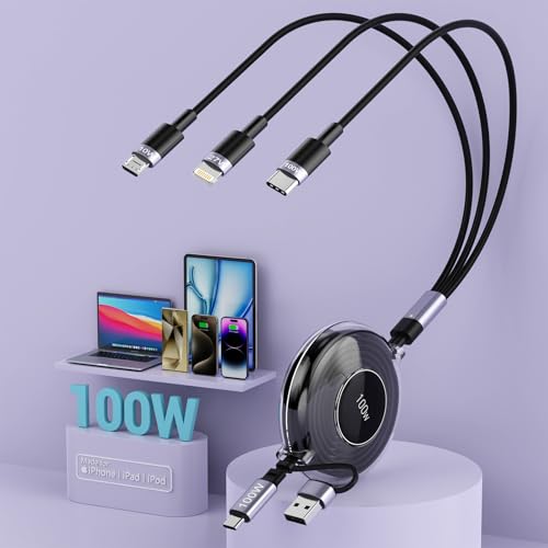 Ultra-Fast 100 W Retractable Multi-Device Charging Cable – 6-in-1 Compact Travel Charger for i Phone 15, i Pad Pro 2024, and More – Versatile USB C, Lightning & Micro USB Ports with 4 FT Flexibility – Sleek Black Design for Tangle-Free Convenience and Enhanced Compatibility