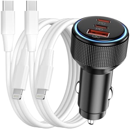 Dual USB C Car Charger with QC 3.0 Technology – 66 W Fast Charging Adapter + 2 Lightning Cables for i Phone 15/14/13/12 Pro Max and Galaxy S23/S22/S21 Ultra – MFi Certified for Reliable Compatibility on All Your Road Trips – Effortless Dual Device Charging with Enhanced Speed and Durability