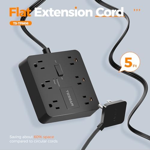 TESSAN 6-Outlet Black Surge Protector Power Strip with 3 USB Ports (1 USB-C) – 5 FT Flat Plug Extension Cord, 1700 Joules Surge Protection for Safe Charging in Home, Office & College Dorm – Compact and Versatile Multi-Device Charging Station