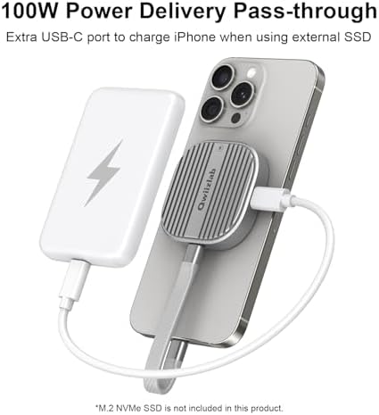 Qwiizlab Magnetic NVMe SSD Enclosure for i Phone 16/15 Pro Max – 10 Gbps USB Type-C Adapter with Kickstand, Supports PCIe M.2 M-Key up to 2 TB, Durable Aluminum Case with 100 W PD Charging Capability – Ultimate Storage Solution for Creatives and Professionals