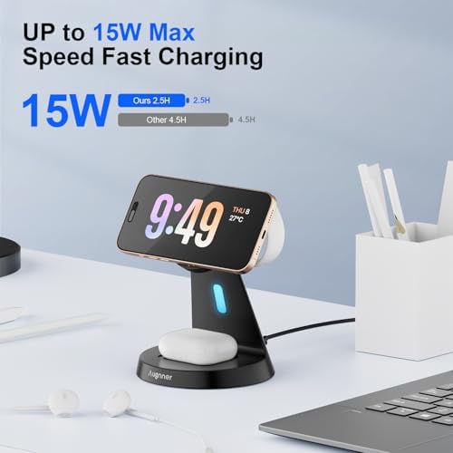 Enhanced 3-in-1 Magnetic Wireless Charging Station with 15 W Fast Charging for i Phone 16/15/14/13/12 Series, Apple Watch, and Air Pods – Ergonomic Design, Adjustable Viewing Angles, and Advanced Safety Features for Optimal Device Care