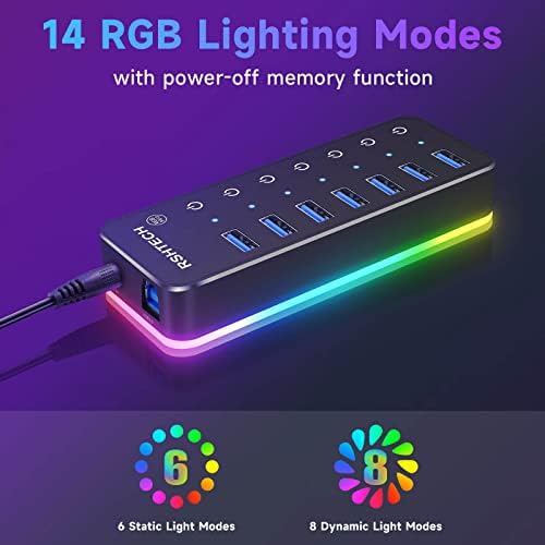 Transform Your Setup with RSHTECH RGB 7 Ports USB Hub – High-Speed USB 3.0 & USB-C Connectivity, Customizable 14-Mode LED Strip, Touch Control, 3.3 ft Cable & Power Adapter for Gamers and Creators – Sleek Aluminum Design for Enhanced Performance and Style