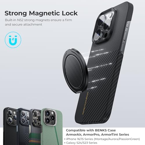 Premium BENKS Magnetic Phone Grip Ring Holder for Mag Safe – 360° Rotatable Adjustable Stand for i Phone 16/15/14/13/12 Series – Sleek Black Design for Enhanced Security and Hands-Free Comfort – Ideal for On-the-Go Usage and Effortless Device Control