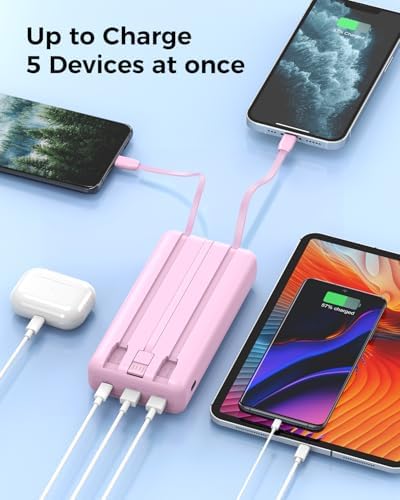 50000 m Ah Portable Power Bank with Built-in Cables – Multi-Device Charging Hub with 20 W PD Fast Charge, LED Power Indicator, and Safety Features (Pink) for Ultimate On-the-Go Energy Solutions