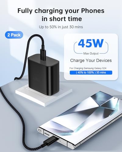 Dual-Pack 45 W USB C Fast Charger for Samsung Devices – Lightning-Fast Charging with 6 FT Type C Cables for Galaxy S25 Ultra/S24/S23/Z Fold 5/Z Flip 5 – PPS Technology for Enhanced Power Delivery – Compact, Reliable, and Portable Charging Solution