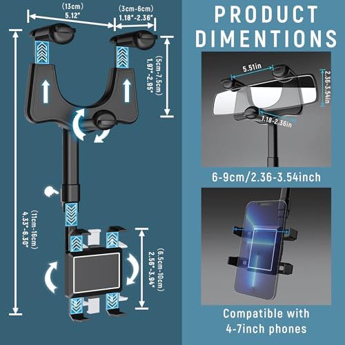 Universal Rear View Mirror Phone Holder: 360° Rotatable & Retractable Car Mount for i Phone 15/14/13/12/11 Pro Max & Samsung Smartphones – Ultimate Hands-Free Driving Solution for Enhanced Safety and Accessibility