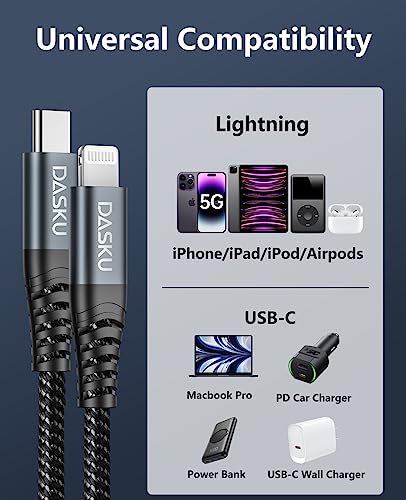 Premium 6 FT USB C to Lightning Charging Cable – 2 Pack for i Phone & i Pad – Fast Charging, MFi Certified, Braided Design for Enhanced Durability & Compatibility with i Phone 14/13/12/11/Pro/MAX/X/8/7 – Ultimate Power Solution for On-the-Go Users