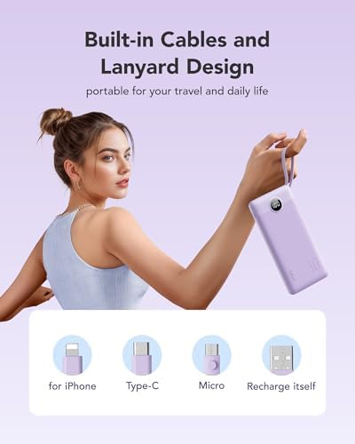 Ultimate 20000 m Ah VRURC Portable Charger with Built-in Cables – Fast Charging Power Bank for Travel, PD & QC 3.0 Compatible, 4 Output Ports & Dual Input, Ideal for i Phone, Samsung, Android Devices – Compact & Durable Battery Pack for On-the-Go Power