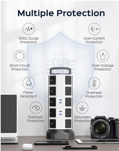 JACKYLED 20-Outlet Power Strip Tower Surge Protector with 6 Fast USB Ports – 1050 Joules Safety Shield, 13 A Desktop Charging Station with 6.5 ft Heavy-Duty Cord, Elegant Black Walnut Design for Home, Office & Garage Use – Ultimate Device Power Solution