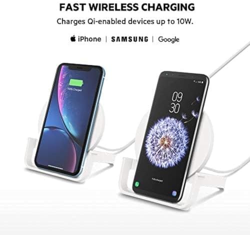 Belkin 10 W Qi-Certified Fast Wireless Charging Stand for i Phone & Samsung – Streamline Your Charging Experience with Effortless Power-Up, Perfect for Video Calls, Music, and More – Includes AC Adapter for Immediate Use – Elegant White Design Enhances Any Space