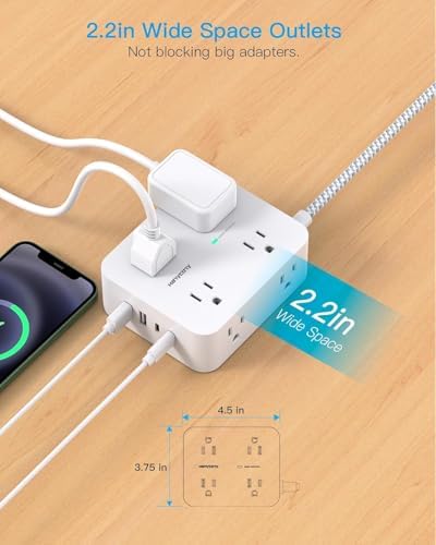 HANYCONY 15 Ft Extension Cord Power Strip with 8 AC Outlets & 4 USB Ports (2 USB-C) – 1080 J Surge Protector for Enhanced Safety, Wall Mountable Desk Charging Station for Home Office & College Dorm Essentials