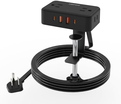 Maximize Workspace Efficiency with the 10 Ft Desk Clamp Power Strip – Versatile Desktop Charging Station Featuring 4 AC Outlets & 4 USB Ports (2 USB-C) for Rapid Device Charging, Ideal for Home Office & Gaming, Securely Fits 2.75″ Table Edges, Surge Protection for Ultimate Safety, Sleek Black Design