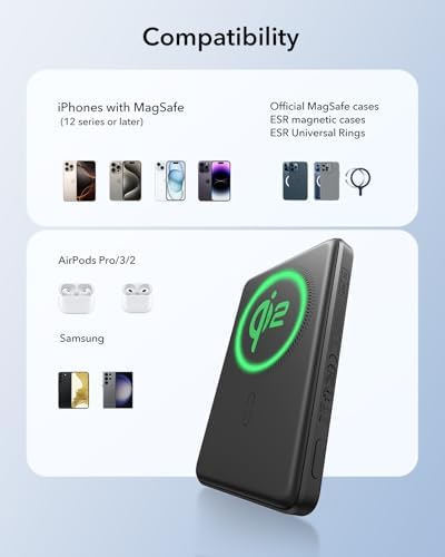 Ultra-Compact ESR Mag Safe Power Bank – 5,000 m Ah Fast Charging Battery Pack with Qi2 Certification – Slim 0.55 in Design for i Phone 16/15/14/13/12 – 15 W Wireless & 20 W USB-C Charger with Cable – Essential Travel Accessory for On-the-Go Power