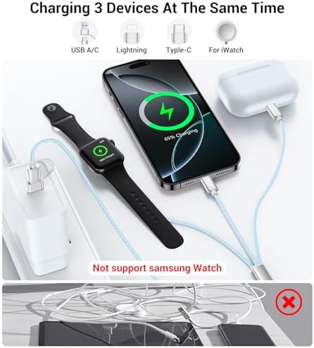 Temdan 3-in-2 USB C Charging Cable: Versatile Multi-Device Charger for Apple Watch Ultra, SE & i Phone 12-16 – Rapid Charge, Compact Travel Essential – Stylish Pink Smartwatch Accessory for On-the-Go Power Solutions