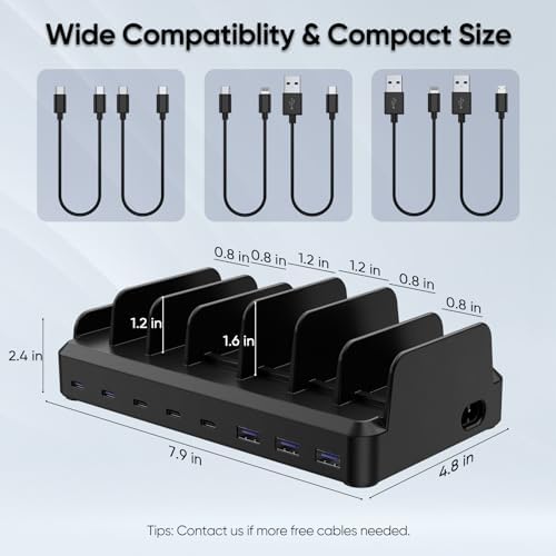 High-Power 300 W Multi-Device Charging Station: 8-Port USB-C Fast Charger Dock with 6 Cables for Mac Book, i Phone 16/15/14/13/12, Samsung, Pixel & i Pad – Sleek White Design for Ultimate Efficiency and Versatility