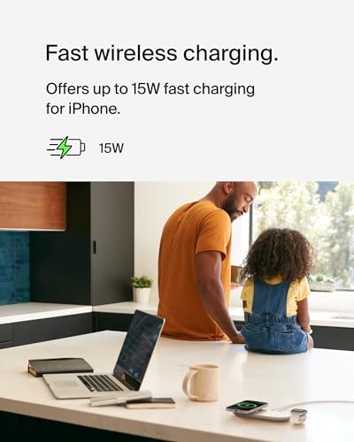 Belkin 15 W Mag Safe-Compatible 2-in-1 Wireless Charging Station – Fast Dual Device Charger for i Phone 16, 15, 14, 13 Series & Air Pods – Sleek Sand Design for Effortless Portability and Seamless Power Solutions