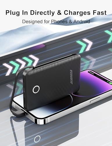 Compact 6000 m Ah Portable Power Bank with Built-in Cable – Lightweight Fast Charging External Battery for i Phone and Android – Ultimate Travel Companion for On-the-Go Charging Efficiency