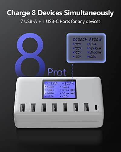 Ultimate 8-Port USB Charging Hub – 60 W Multi-Device Power Station with Smart LCD Display for Rapid Charging – Compact and Travel-Friendly Design for i Phone, i Pad, Samsung & Android Devices – Efficient Power Management for Seamless Device Charging