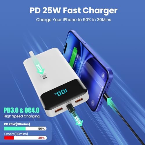 High-Capacity 40800 m Ah Portable Charger with Integrated Cables – Fast PD 25 W USB-C & QC4.0 Power Bank for i Phone 15/16 and Samsung – Smart LED Indicator, 5 Outputs for Multi-Device Charging – Ultimate Travel Companion for On-the-Go Power Solutions