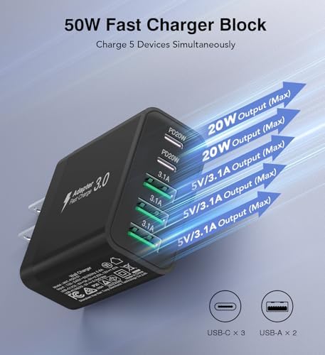 50 W 5-Port USB C Charging Hub – Ultimate Fast Charger for i Phone 16-11 Pro Max & Samsung Devices – Dual PD & QC Technology for Unmatched Performance – Compact, Durable Wall Adapter for Home, Office, and Travel Convenience
