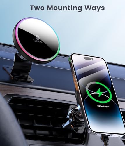 MOKPR 15 W Mag Safe Car Charger & Magnetic Phone Holder – Effortless Fast Wireless Charging with Dynamic LED RGB Lighting for i Phone 15/14/13/12 Series – Stylish Dash & Air Vent Mount for Enhanced Driving Experience and Convenient Accessibility